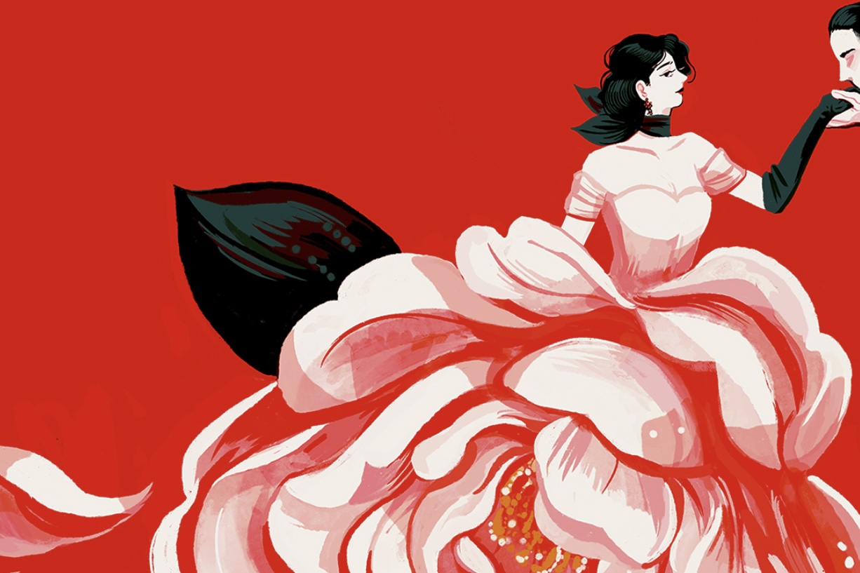 An illustration of a woman in a big floral dress with a red background