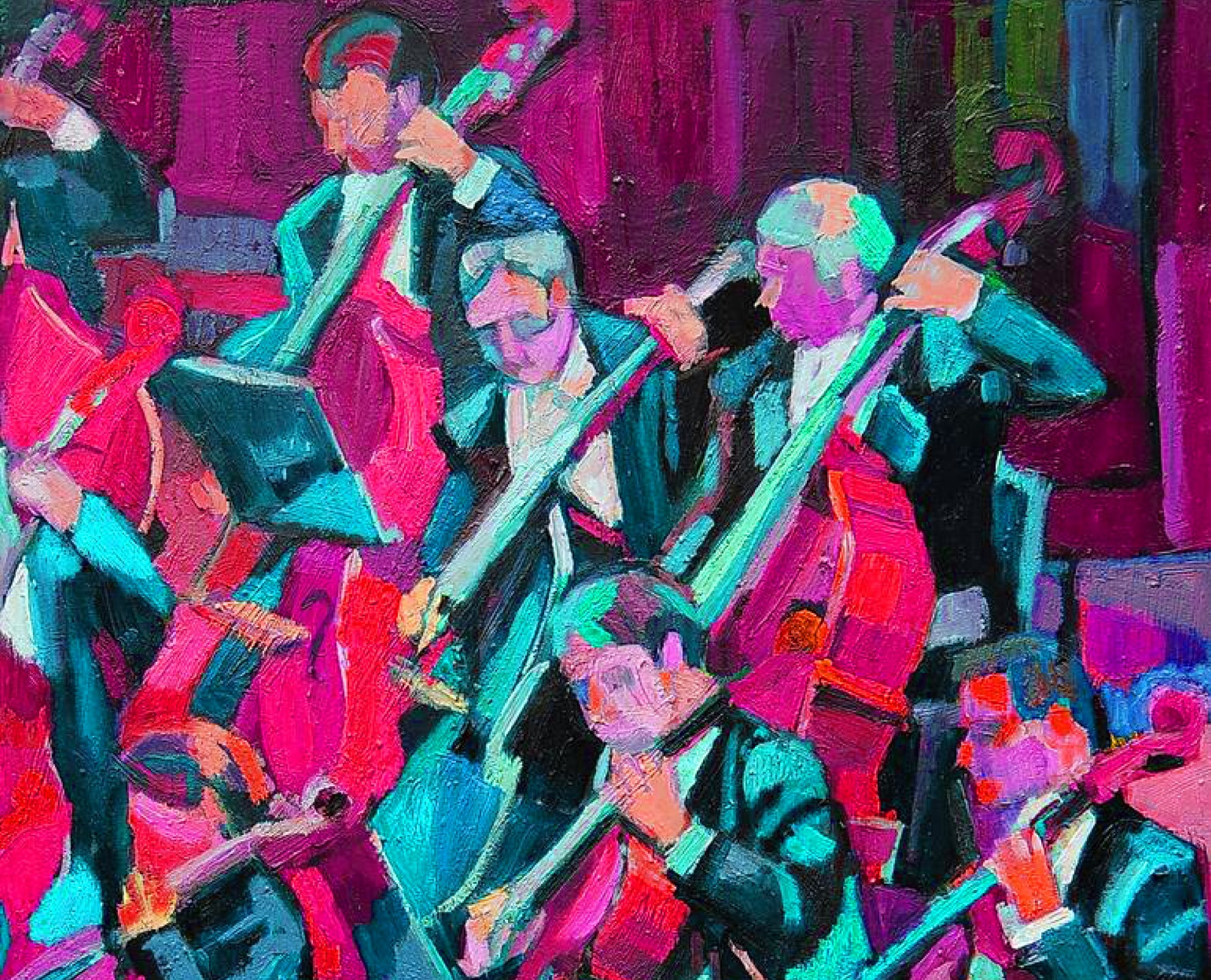 An animated picture of orchestral musicians