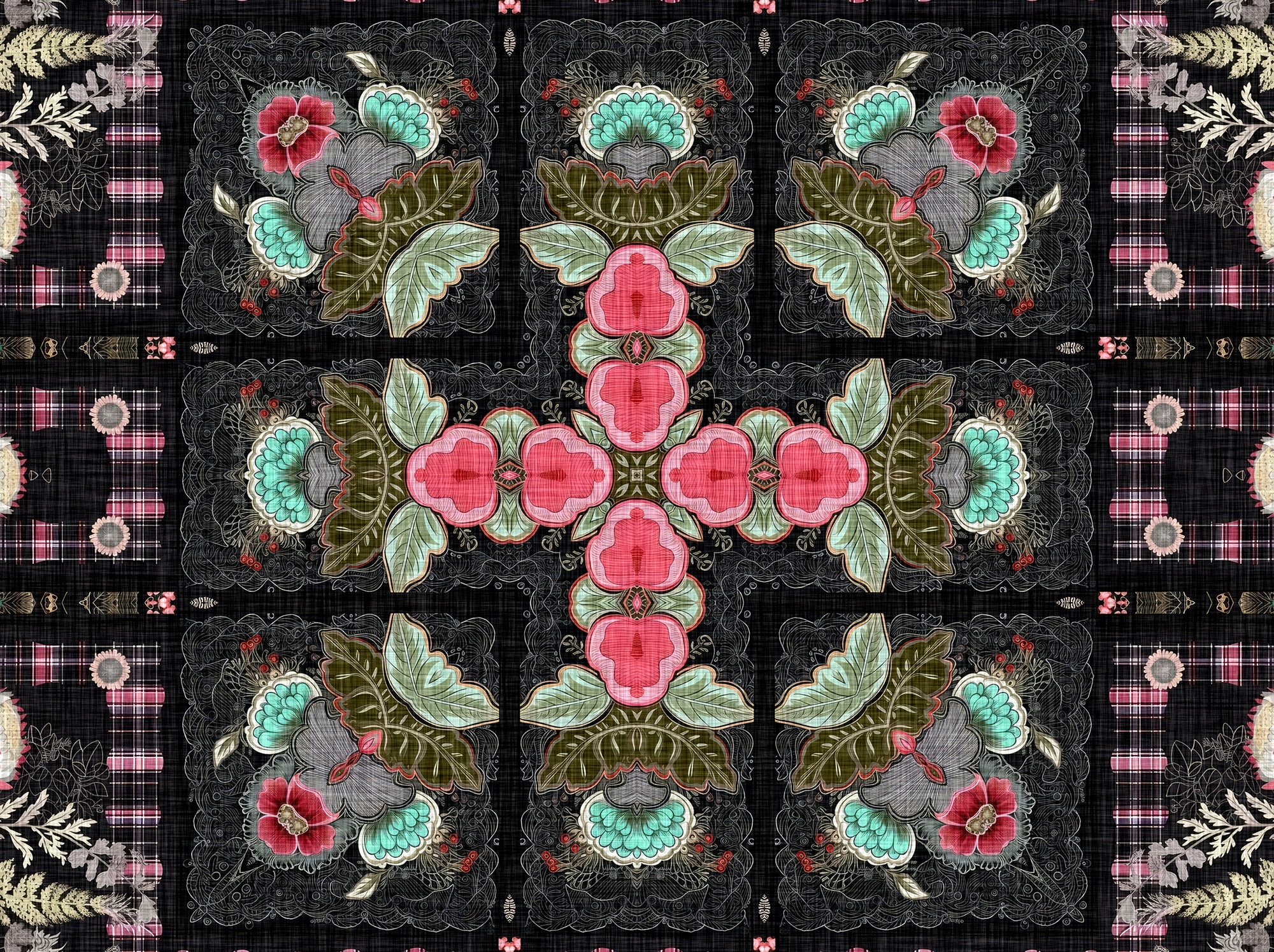 A pink, turquoise, black, and purple floral print pattern