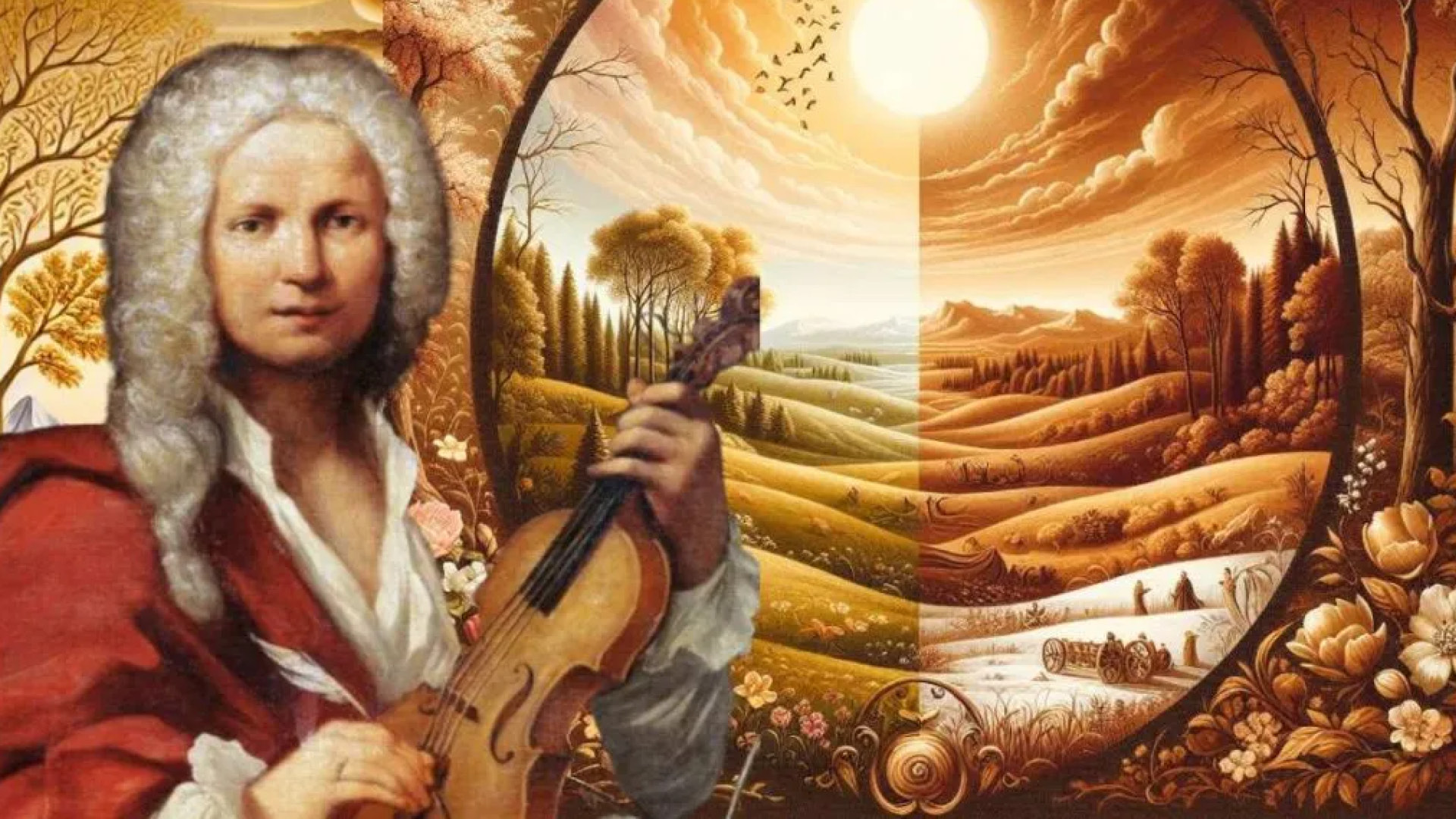 An illustration of a classical musician and a sepia-toned scenic backdrop