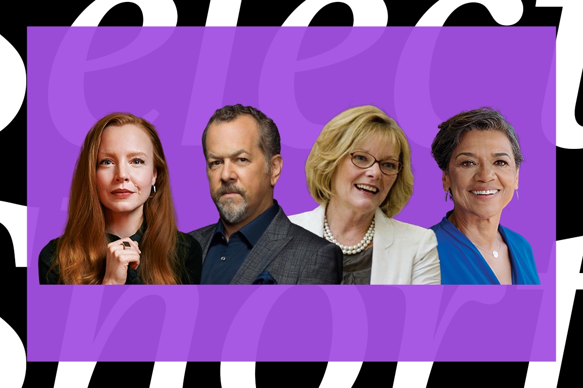 Bust-sized cutouts in order: Lauren Ambrose, David Costibale, Jane Curtin, and Sonia Manzano against a purple background.
